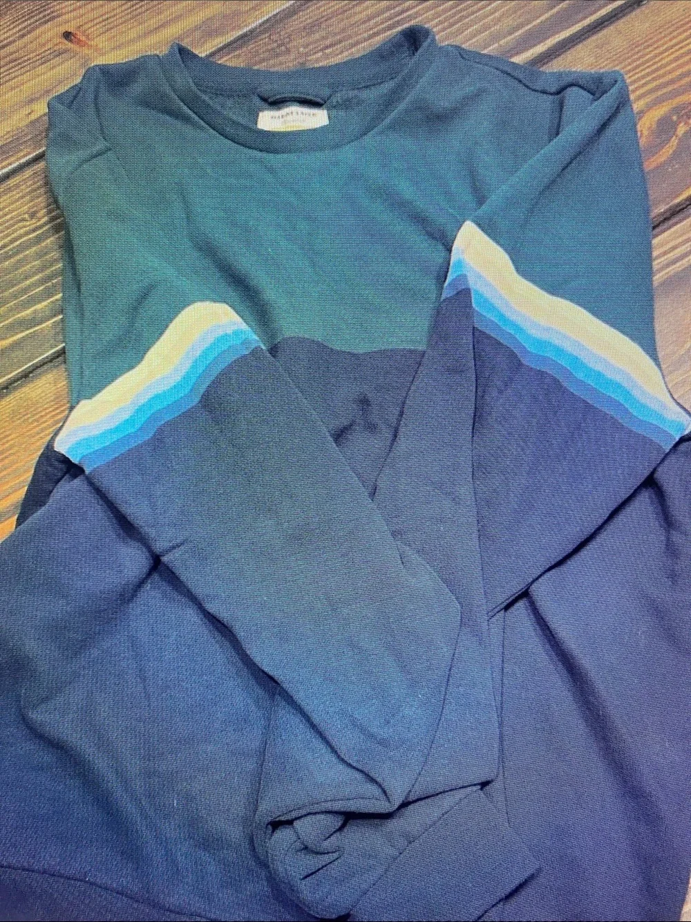 Marine Layer Women's Blue Crewneck Sweatshirt with Striped Sleeves